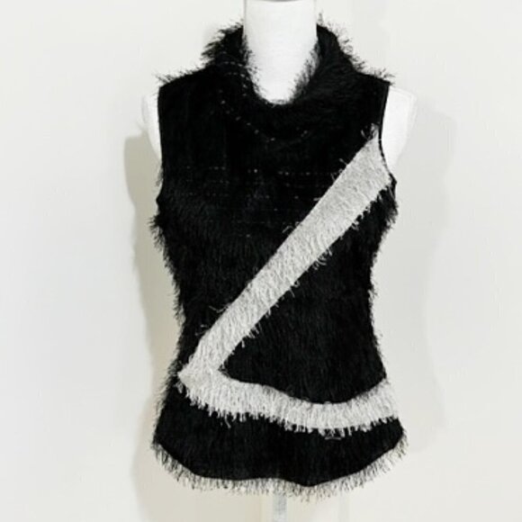 Jamie Sadock Sleeveless Fringe Top Black & Silver w/ Cowl Neckline - Picture 1 of 5